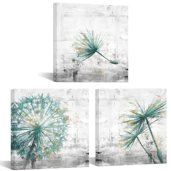 Green_3_Piece_Framed_Canvas_Wall_Art_Teal_Dandelion_On_Rustic_Grey_Background_Canvas_Prints_Home_Artwork_Decoration_|_For_Living_Room_Bedroom_Farmhouse_Decor_20X20X3_Panels_(Large)