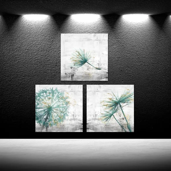 Green_3_Piece_Framed_Canvas_Wall_Art_Teal_Dandelion_On_Rustic_Grey_Background_Canvas_Prints_Home_Artwork_Decoration_|_For_Living_Room_Bedroom_Farmhouse_Decor_20X20X3_Panels_(Large)