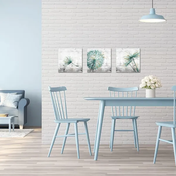 Green_3_Piece_Framed_Canvas_Wall_Art_Teal_Dandelion_On_Rustic_Grey_Background_Canvas_Prints_Home_Artwork_Decoration_|_For_Living_Room_Bedroom_Farmhouse_Decor_20X20X3_Panels_(Large)