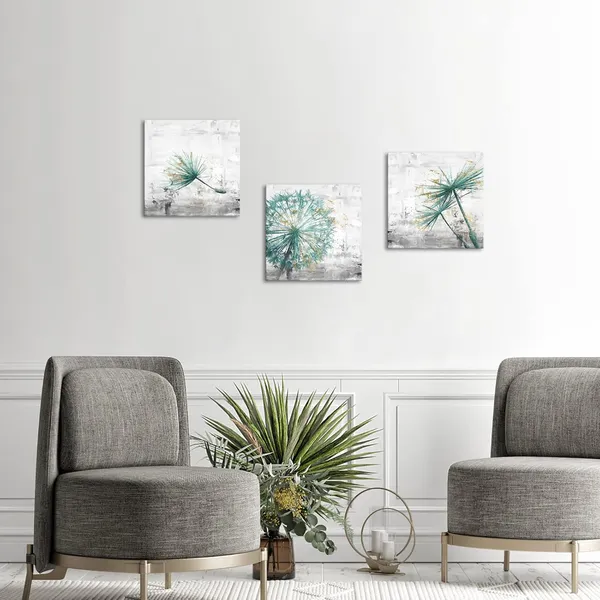 Green_3_Piece_Framed_Canvas_Wall_Art_Teal_Dandelion_On_Rustic_Grey_Background_Canvas_Prints_Home_Artwork_Decoration_|_For_Living_Room_Bedroom_Farmhouse_Decor_20X20X3_Panels_(Large)