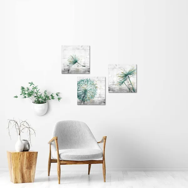 Green_3_Piece_Framed_Canvas_Wall_Art_Teal_Dandelion_On_Rustic_Grey_Background_Canvas_Prints_Home_Artwork_Decoration_|_For_Living_Room_Bedroom_Farmhouse_Decor_20X20X3_Panels_(Large)