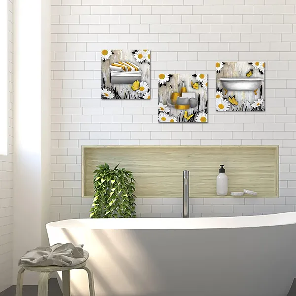 Yellow_&__Grey_Bathroom_Canvas_Wall_Art_Prints_Framed_Ready_To_Hang_Yellow_Grey_Wall_Decor_Vintage_Paintings_Posters_Great_Gift_Home_Artwork_12X12Inchx3Pcs_(Small)
