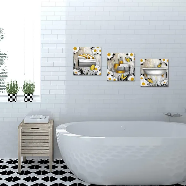 Yellow_&__Grey_Bathroom_Canvas_Wall_Art_Prints_Framed_Ready_To_Hang_Yellow_Grey_Wall_Decor_Vintage_Paintings_Posters_Great_Gift_Home_Artwork_12X12Inchx3Pcs_(Small)