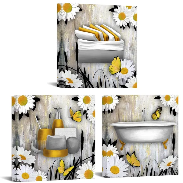 Yellow_&__Grey_Bathroom_Canvas_Wall_Art_Prints_Framed_Ready_To_Hang_Yellow_Grey_Wall_Decor_Vintage_Paintings_Posters_Great_Gift_Home_Artwork_12X12Inchx3Pcs_(Small)