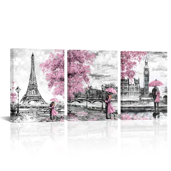 Multicolor_Black_&_Pink_Paris_&_London_Canvas_Prints_-_12X16''_Romantic_Couple_Under_Umberlla_Painting_Wall_Art_Set_|_For_Bedroom,_Living_Room,_Bathroom_-_Eiffel_Tower_&_Big_Ben_Pictures