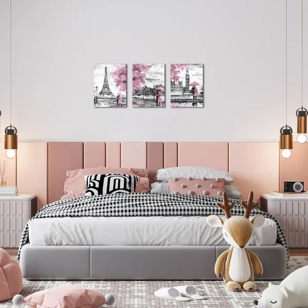 Multicolor_Black_&_Pink_Paris_&_London_Canvas_Prints_-_12X16''_Romantic_Couple_Under_Umberlla_Painting_Wall_Art_Set_|_For_Bedroom,_Living_Room,_Bathroom_-_Eiffel_Tower_&_Big_Ben_Pictures