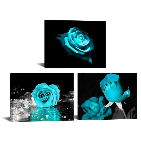 Black_Turquoise_Wall_Decor_|_For_Bedroom_3_Piece_Canvas_Wall_Art_Teal_Blue_Rose_Flowers_Pictures_Prints_Black_And_White_Painting_Framed_Artwork_Ready_To_Hang_Each_Size_12X16