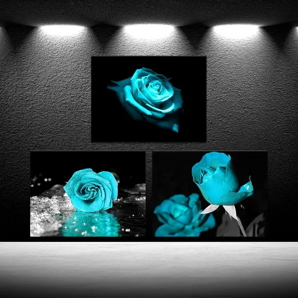 Black_Turquoise_Wall_Decor_|_For_Bedroom_3_Piece_Canvas_Wall_Art_Teal_Blue_Rose_Flowers_Pictures_Prints_Black_And_White_Painting_Framed_Artwork_Ready_To_Hang_Each_Size_12X16