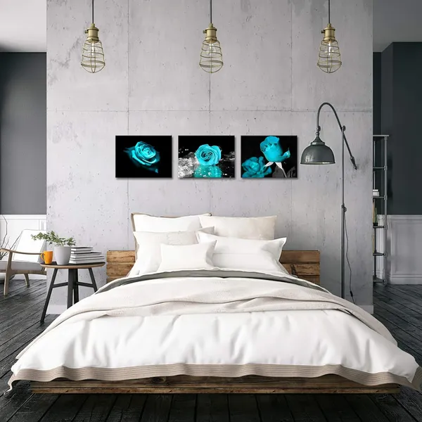Black_Turquoise_Wall_Decor_|_For_Bedroom_3_Piece_Canvas_Wall_Art_Teal_Blue_Rose_Flowers_Pictures_Prints_Black_And_White_Painting_Framed_Artwork_Ready_To_Hang_Each_Size_12X16