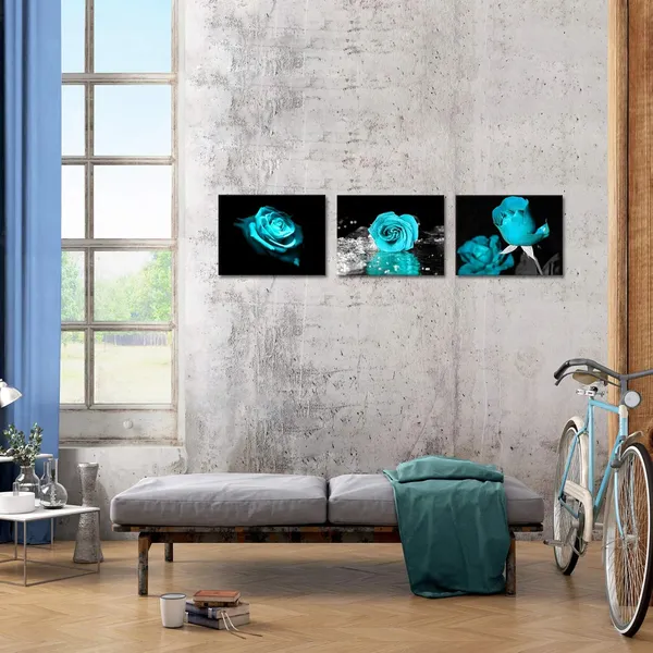 Black_Turquoise_Wall_Decor_|_For_Bedroom_3_Piece_Canvas_Wall_Art_Teal_Blue_Rose_Flowers_Pictures_Prints_Black_And_White_Painting_Framed_Artwork_Ready_To_Hang_Each_Size_12X16
