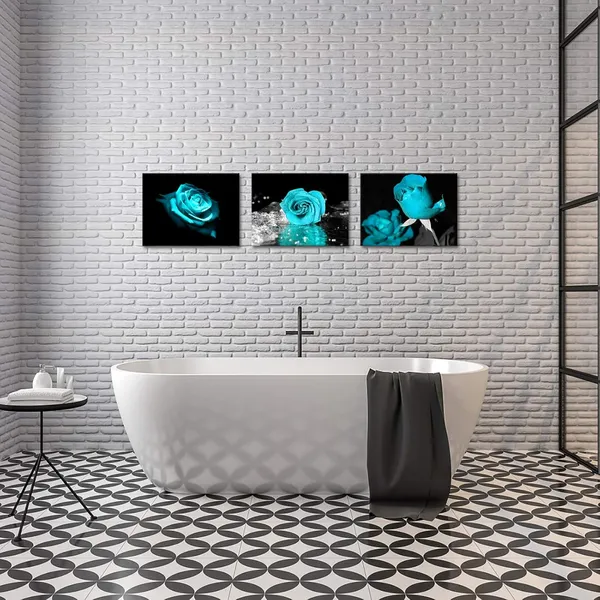 Black_Turquoise_Wall_Decor_|_For_Bedroom_3_Piece_Canvas_Wall_Art_Teal_Blue_Rose_Flowers_Pictures_Prints_Black_And_White_Painting_Framed_Artwork_Ready_To_Hang_Each_Size_12X16