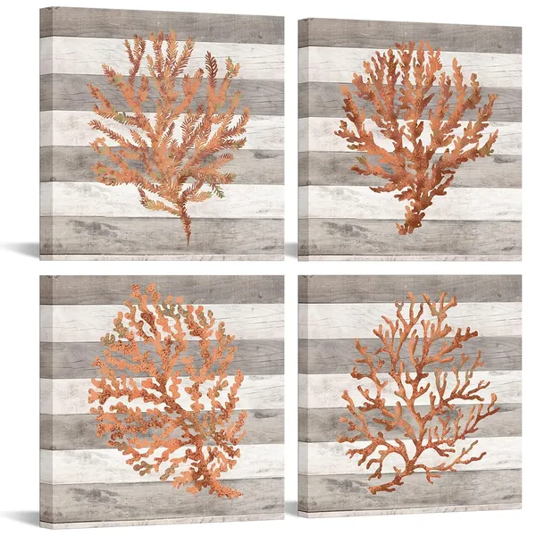 Orange_Retro_Orange_Coral_Canvas_Prints_Ocean_Beach_Wall_Art_|_For_Bedroom_4_Pieces_12X12''_Framed_Watercolor_Paintings_Marine_Plants_Pictures_Ready_To_Hang_|_For_Bathroom_Home_Decoration_(Small)