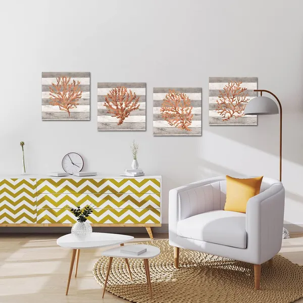 Orange_Retro_Orange_Coral_Canvas_Prints_Ocean_Beach_Wall_Art_|_For_Bedroom_4_Pieces_12X12''_Framed_Watercolor_Paintings_Marine_Plants_Pictures_Ready_To_Hang_|_For_Bathroom_Home_Decoration_(Small)