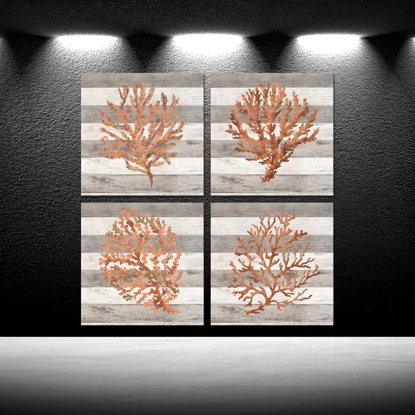 Orange_Retro_Orange_Coral_Canvas_Prints_Ocean_Beach_Wall_Art_|_For_Bedroom_4_Pieces_12X12''_Framed_Watercolor_Paintings_Marine_Plants_Pictures_Ready_To_Hang_|_For_Bathroom_Home_Decoration_(Small)