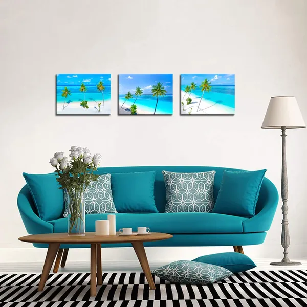 Blue_Sea_3_Piece_Giclee_Canvas_Prints_Wall_Art_Palm_Trees_On_The_Sandy_Beach_And_Turquoise_Ocean_Picture_With_Frame_Sea_Paintings_|_For_Bathroom_Bedroom_Home_Decorations_12X16Inchx3Pcs