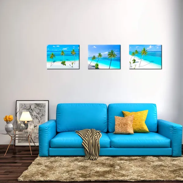 Blue_Sea_3_Piece_Giclee_Canvas_Prints_Wall_Art_Palm_Trees_On_The_Sandy_Beach_And_Turquoise_Ocean_Picture_With_Frame_Sea_Paintings_|_For_Bathroom_Bedroom_Home_Decorations_12X16Inchx3Pcs