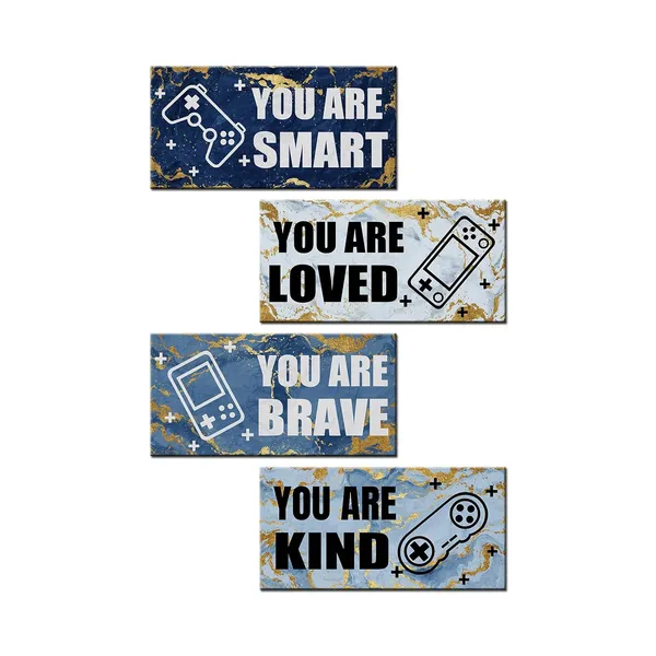 Multicolor_Set_Of_4_Gaming_Posters_With_Abstract_Blue_Gold_Marble_And_Inspirational_Quotes_Giclee_Canvas_Prints_|_For_Teen_Boys'_Room_Decor_Stretched_Canvas_Ready_To_Hang_Each_Panel_6X12_Inches