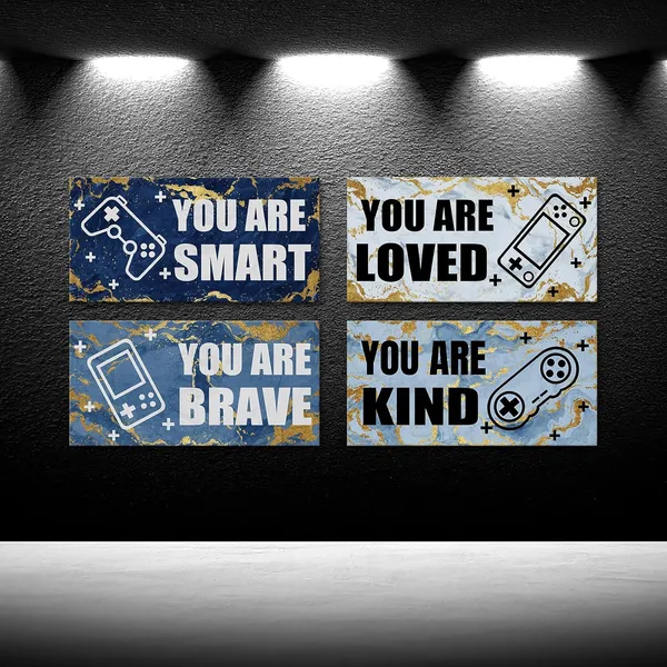 Multicolor_Set_Of_4_Gaming_Posters_With_Abstract_Blue_Gold_Marble_And_Inspirational_Quotes_Giclee_Canvas_Prints_|_For_Teen_Boys'_Room_Decor_Stretched_Canvas_Ready_To_Hang_Each_Panel_6X12_Inches