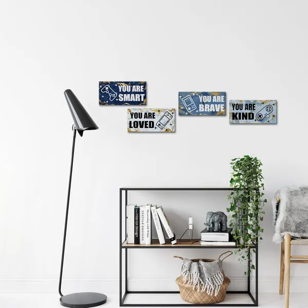 Multicolor_Set_Of_4_Gaming_Posters_With_Abstract_Blue_Gold_Marble_And_Inspirational_Quotes_Giclee_Canvas_Prints_|_For_Teen_Boys'_Room_Decor_Stretched_Canvas_Ready_To_Hang_Each_Panel_6X12_Inches