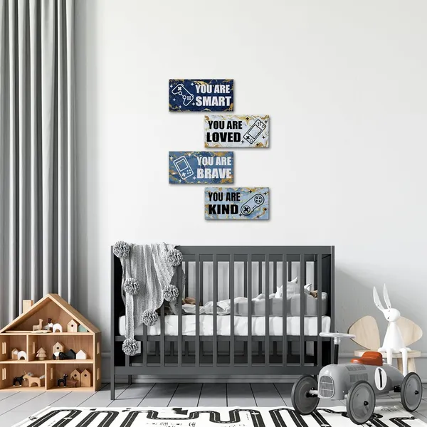 Multicolor_Set_Of_4_Gaming_Posters_With_Abstract_Blue_Gold_Marble_And_Inspirational_Quotes_Giclee_Canvas_Prints_|_For_Teen_Boys'_Room_Decor_Stretched_Canvas_Ready_To_Hang_Each_Panel_6X12_Inches