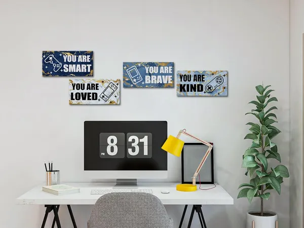 Multicolor_Set_Of_4_Gaming_Posters_With_Abstract_Blue_Gold_Marble_And_Inspirational_Quotes_Giclee_Canvas_Prints_|_For_Teen_Boys'_Room_Decor_Stretched_Canvas_Ready_To_Hang_Each_Panel_6X12_Inches