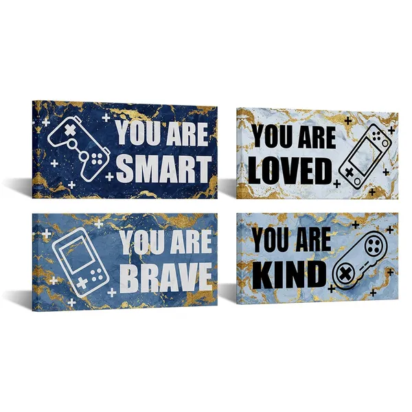 Multicolor_Set_Of_4_Gaming_Posters_With_Abstract_Blue_Gold_Marble_And_Inspirational_Quotes_Giclee_Canvas_Prints_|_For_Teen_Boys'_Room_Decor_Stretched_Canvas_Ready_To_Hang_Each_Panel_6X12_Inches