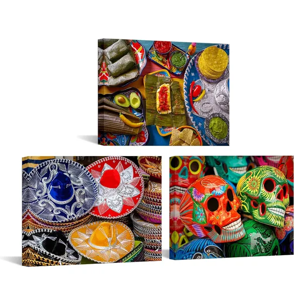 Multicolor_3_Piece_Canvas_Wall_Art_Day_Of_The_Dead_Colorful_Skulls_And_Mexican_Sombreros_Mexico_Food_Prints_Home_Decor_Living_Room_Ready_To_Hang_Each_Panel_12X16_Inches