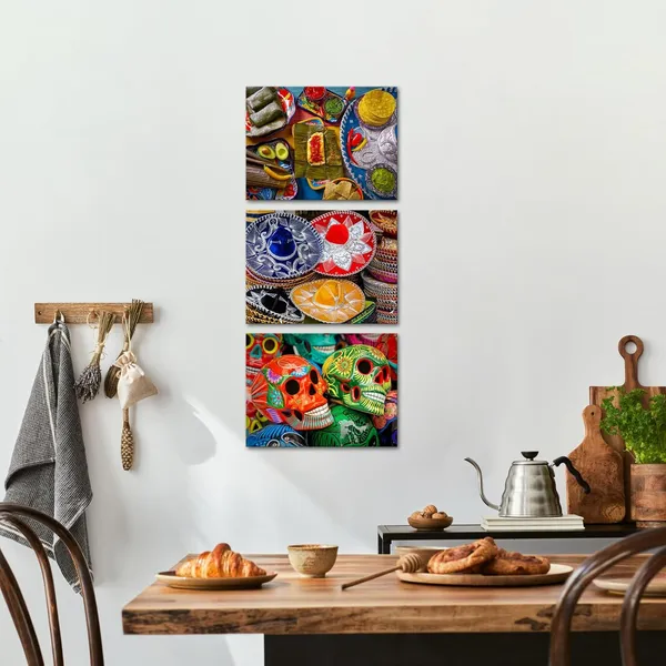 Multicolor_3_Piece_Canvas_Wall_Art_Day_Of_The_Dead_Colorful_Skulls_And_Mexican_Sombreros_Mexico_Food_Prints_Home_Decor_Living_Room_Ready_To_Hang_Each_Panel_12X16_Inches