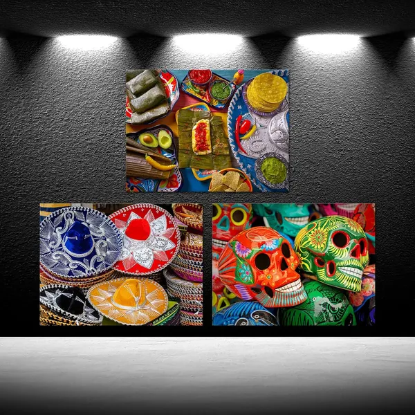 Multicolor_3_Piece_Canvas_Wall_Art_Day_Of_The_Dead_Colorful_Skulls_And_Mexican_Sombreros_Mexico_Food_Prints_Home_Decor_Living_Room_Ready_To_Hang_Each_Panel_12X16_Inches