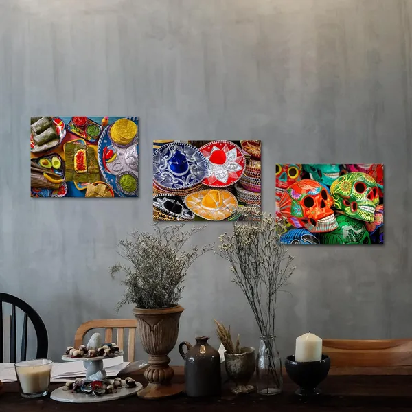 Multicolor_3_Piece_Canvas_Wall_Art_Day_Of_The_Dead_Colorful_Skulls_And_Mexican_Sombreros_Mexico_Food_Prints_Home_Decor_Living_Room_Ready_To_Hang_Each_Panel_12X16_Inches