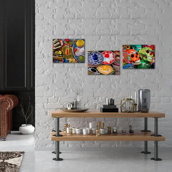 Multicolor_3_Piece_Canvas_Wall_Art_Day_Of_The_Dead_Colorful_Skulls_And_Mexican_Sombreros_Mexico_Food_Prints_Home_Decor_Living_Room_Ready_To_Hang_Each_Panel_12X16_Inches