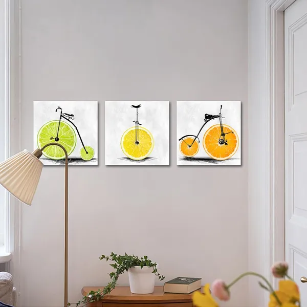 Multicolor_3_Pieces_Kitchen_Canvas_Wall_Art_-_Lemon_Bike_Bicycle_Picture_With_Orange_Fruit,_Food_Wall_Painting,_Stretched_And_Framed_Giclee_Art_Print_|_For_Restaurant_And_Home_Dining_Room_Each_12X12