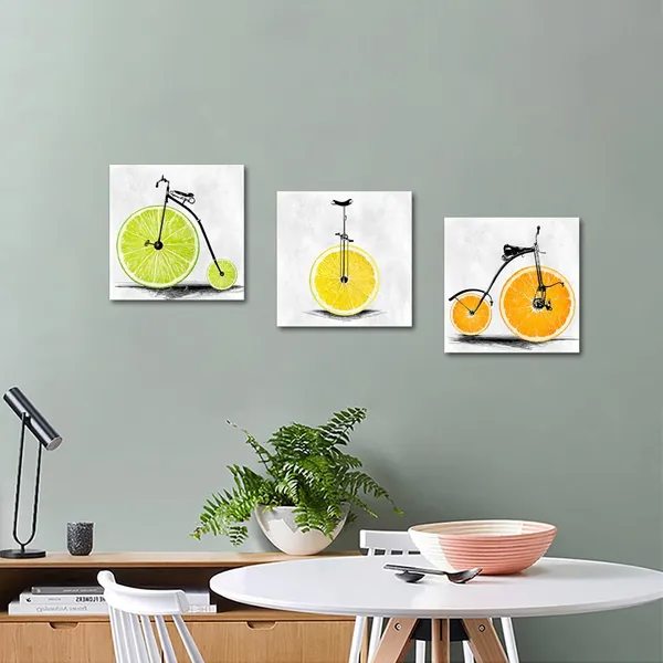 Multicolor_3_Pieces_Kitchen_Canvas_Wall_Art_-_Lemon_Bike_Bicycle_Picture_With_Orange_Fruit,_Food_Wall_Painting,_Stretched_And_Framed_Giclee_Art_Print_|_For_Restaurant_And_Home_Dining_Room_Each_12X12