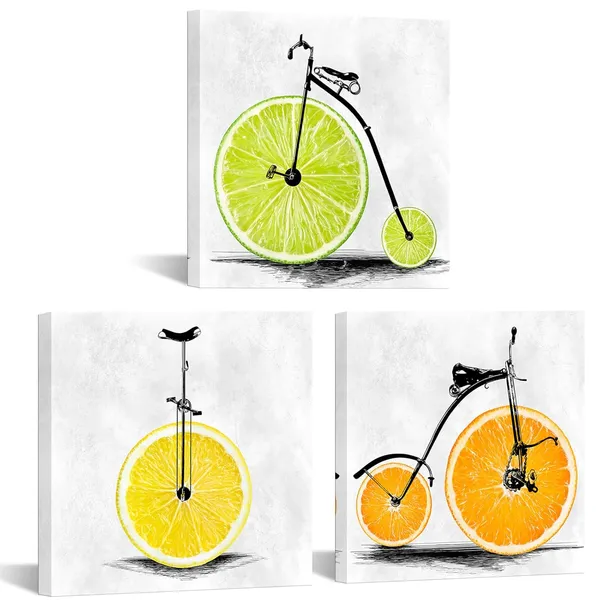 Multicolor_3_Pieces_Kitchen_Canvas_Wall_Art_-_Lemon_Bike_Bicycle_Picture_With_Orange_Fruit,_Food_Wall_Painting,_Stretched_And_Framed_Giclee_Art_Print_|_For_Restaurant_And_Home_Dining_Room_Each_12X12