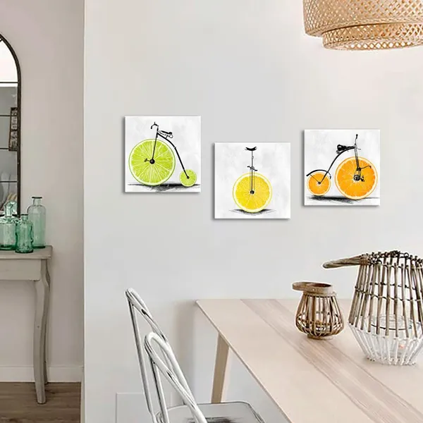 Multicolor_3_Pieces_Kitchen_Canvas_Wall_Art_-_Lemon_Bike_Bicycle_Picture_With_Orange_Fruit,_Food_Wall_Painting,_Stretched_And_Framed_Giclee_Art_Print_|_For_Restaurant_And_Home_Dining_Room_Each_12X12
