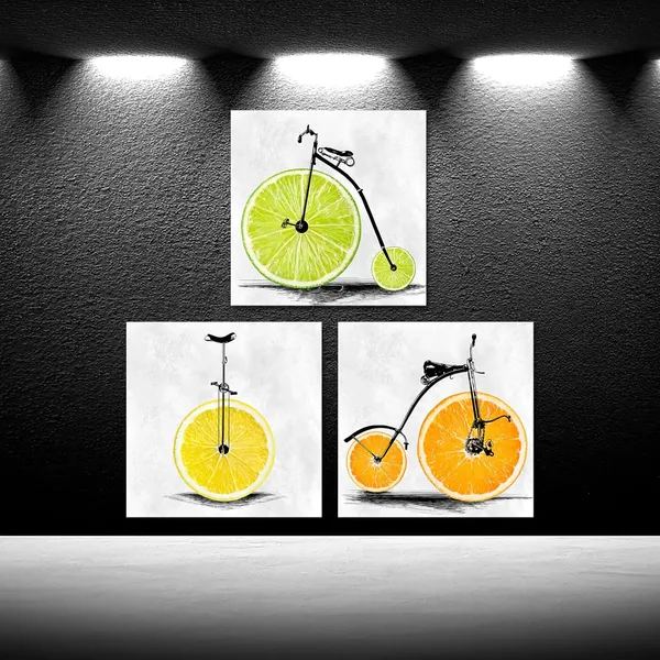 Multicolor_3_Pieces_Kitchen_Canvas_Wall_Art_-_Lemon_Bike_Bicycle_Picture_With_Orange_Fruit,_Food_Wall_Painting,_Stretched_And_Framed_Giclee_Art_Print_|_For_Restaurant_And_Home_Dining_Room_Each_12X12