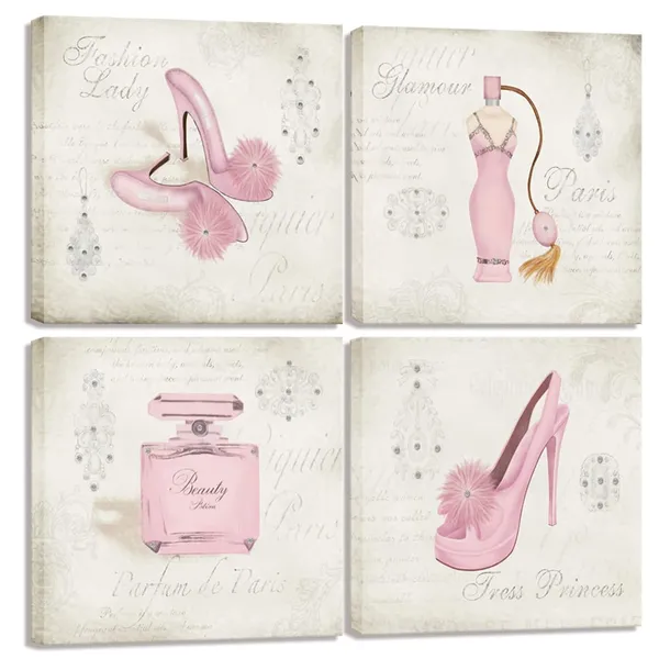 Pink_Canvas_Wall_Art,Fashion_Dress,High_Heels,Perfume,Clothes_Shop,Shoe_Store_Wall_Decor_Art,Canvas_Prints_With_Frame,Unique_Design