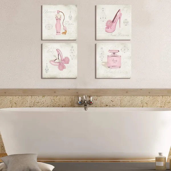 Pink_Canvas_Wall_Art,Fashion_Dress,High_Heels,Perfume,Clothes_Shop,Shoe_Store_Wall_Decor_Art,Canvas_Prints_With_Frame,Unique_Design