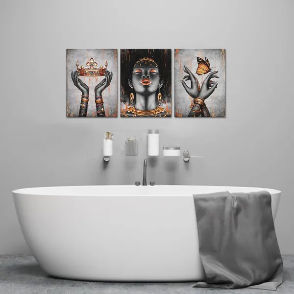Multicolor_African_American_Canvas_Wall_Art_Orange_And_Black_Woman_Portrait_Fashion_Black_Girl_Burnt_Orange_Bedroom_Decor_Framed_Artwork_|_For_Home_Living_Room_Decor_(12Inx16Inx3Pieces)