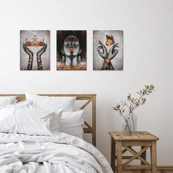 Multicolor_African_American_Canvas_Wall_Art_Orange_And_Black_Woman_Portrait_Fashion_Black_Girl_Burnt_Orange_Bedroom_Decor_Framed_Artwork_|_For_Home_Living_Room_Decor_(12Inx16Inx3Pieces)