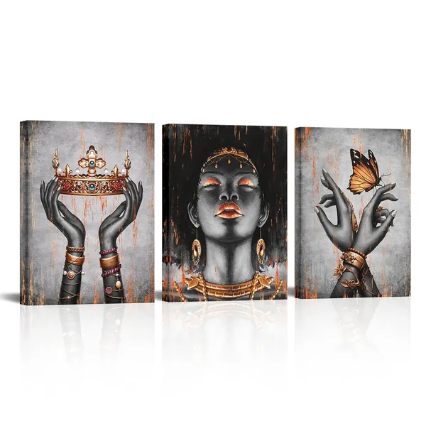 Multicolor_African_American_Canvas_Wall_Art_Orange_And_Black_Woman_Portrait_Fashion_Black_Girl_Burnt_Orange_Bedroom_Decor_Framed_Artwork_|_For_Home_Living_Room_Decor_(12Inx16Inx3Pieces)