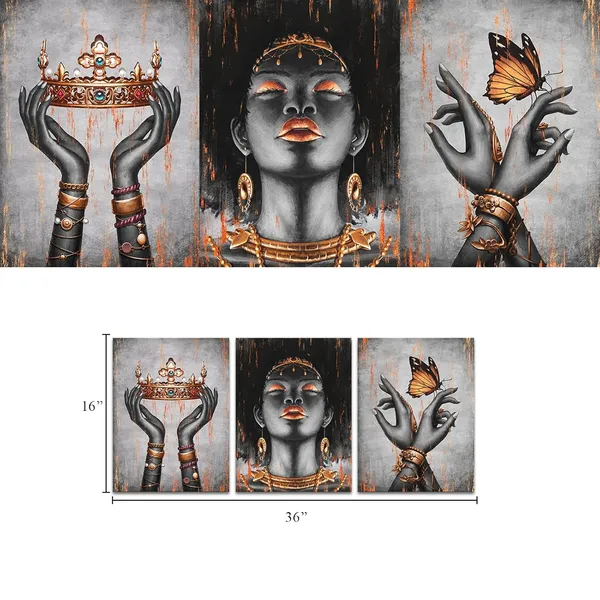 Multicolor_African_American_Canvas_Wall_Art_Orange_And_Black_Woman_Portrait_Fashion_Black_Girl_Burnt_Orange_Bedroom_Decor_Framed_Artwork_|_For_Home_Living_Room_Decor_(12Inx16Inx3Pieces)