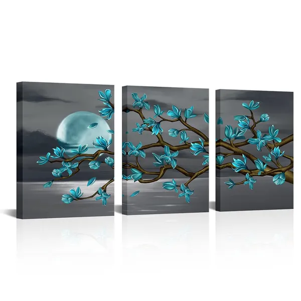 Multicolor_Flowers_Wall_Art_Teal_Magnolia_Moon_Black_And_White_Sea_Seascape_Canvas_Prints_Art_Gallery_Wrap_Floral_Decoration_Modern_Living_Room_Bedroom_Canvas_Decor