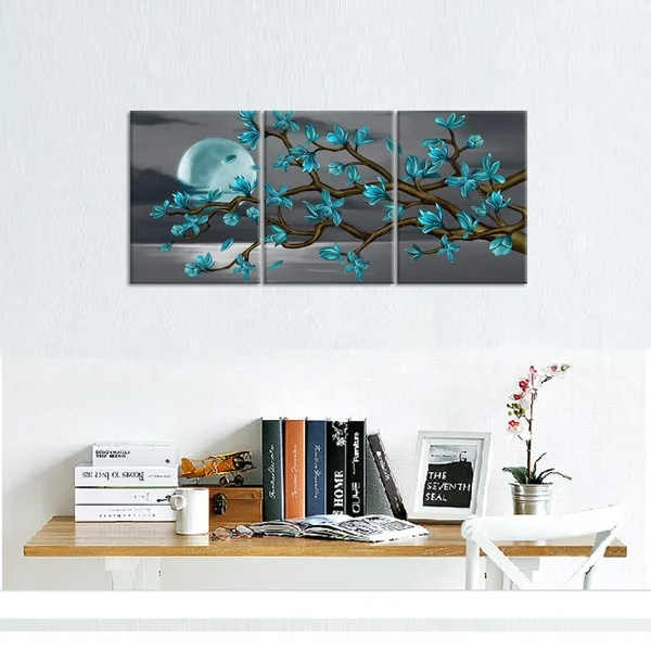 Multicolor_Flowers_Wall_Art_Teal_Magnolia_Moon_Black_And_White_Sea_Seascape_Canvas_Prints_Art_Gallery_Wrap_Floral_Decoration_Modern_Living_Room_Bedroom_Canvas_Decor