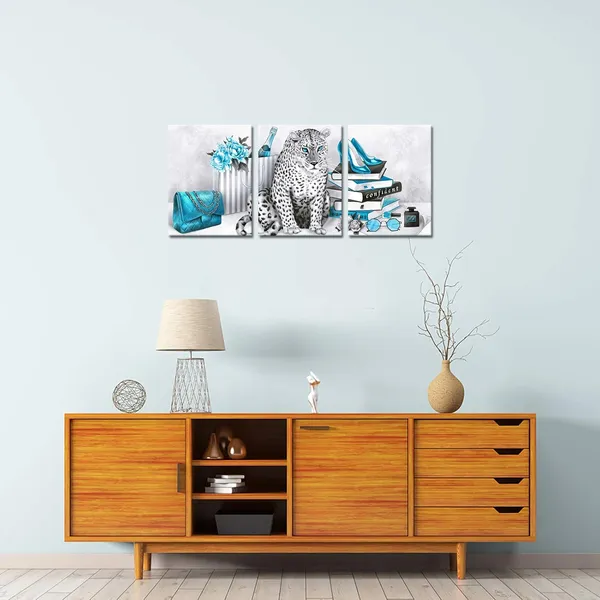 Multicolor_Glam_Fashion_Picture_Turquoise_Blue_Grey_Wall_Art_Leopard_Books_High_Heel_Shoes_Perfume_Canvas_Prints_|_For_Modern_Home_Office_Woman_Girl_Makeup_Bedroom_Wall_Decoration_Creative_Design_Gift