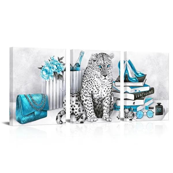 Multicolor_Glam_Fashion_Picture_Turquoise_Blue_Grey_Wall_Art_Leopard_Books_High_Heel_Shoes_Perfume_Canvas_Prints_|_For_Modern_Home_Office_Woman_Girl_Makeup_Bedroom_Wall_Decoration_Creative_Design_Gift