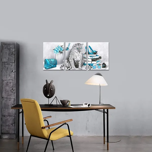Multicolor_Glam_Fashion_Picture_Turquoise_Blue_Grey_Wall_Art_Leopard_Books_High_Heel_Shoes_Perfume_Canvas_Prints_|_For_Modern_Home_Office_Woman_Girl_Makeup_Bedroom_Wall_Decoration_Creative_Design_Gift