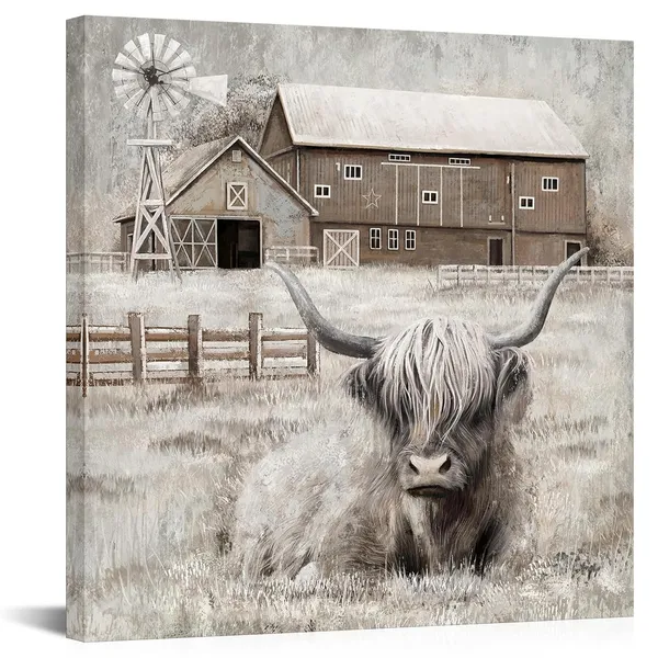 Brown_Cow_Decor_Highland_Cow_Picture_Wall_Decor_Rustic_Farmhouse_Barn_And_Windmill_Landscape_Painting_Framed_24X24_Inch