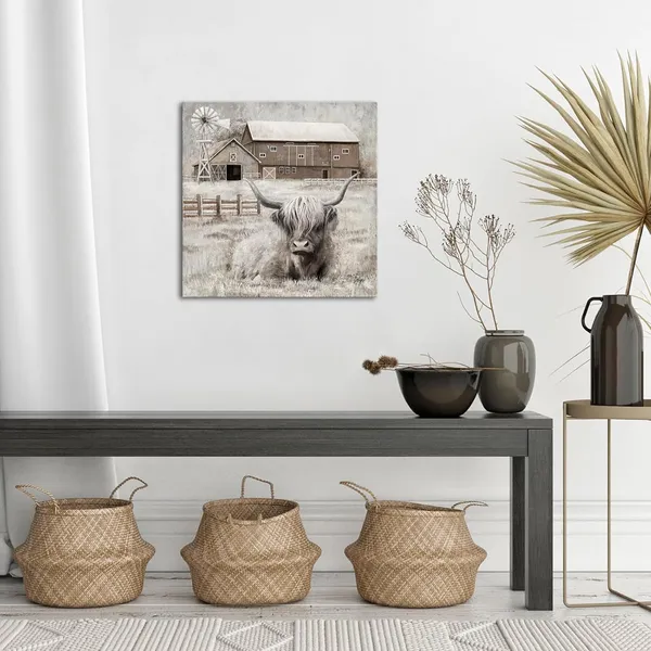 Brown_Cow_Decor_Highland_Cow_Picture_Wall_Decor_Rustic_Farmhouse_Barn_And_Windmill_Landscape_Painting_Framed_24X24_Inch