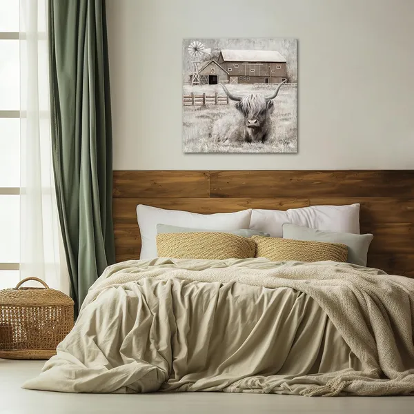 Brown_Cow_Decor_Highland_Cow_Picture_Wall_Decor_Rustic_Farmhouse_Barn_And_Windmill_Landscape_Painting_Framed_24X24_Inch